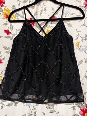 ANTHROPOLOGIE BLACK BEADED SHEER V-NECK CAMI WOMENS SIZE S GREAT CONDITION